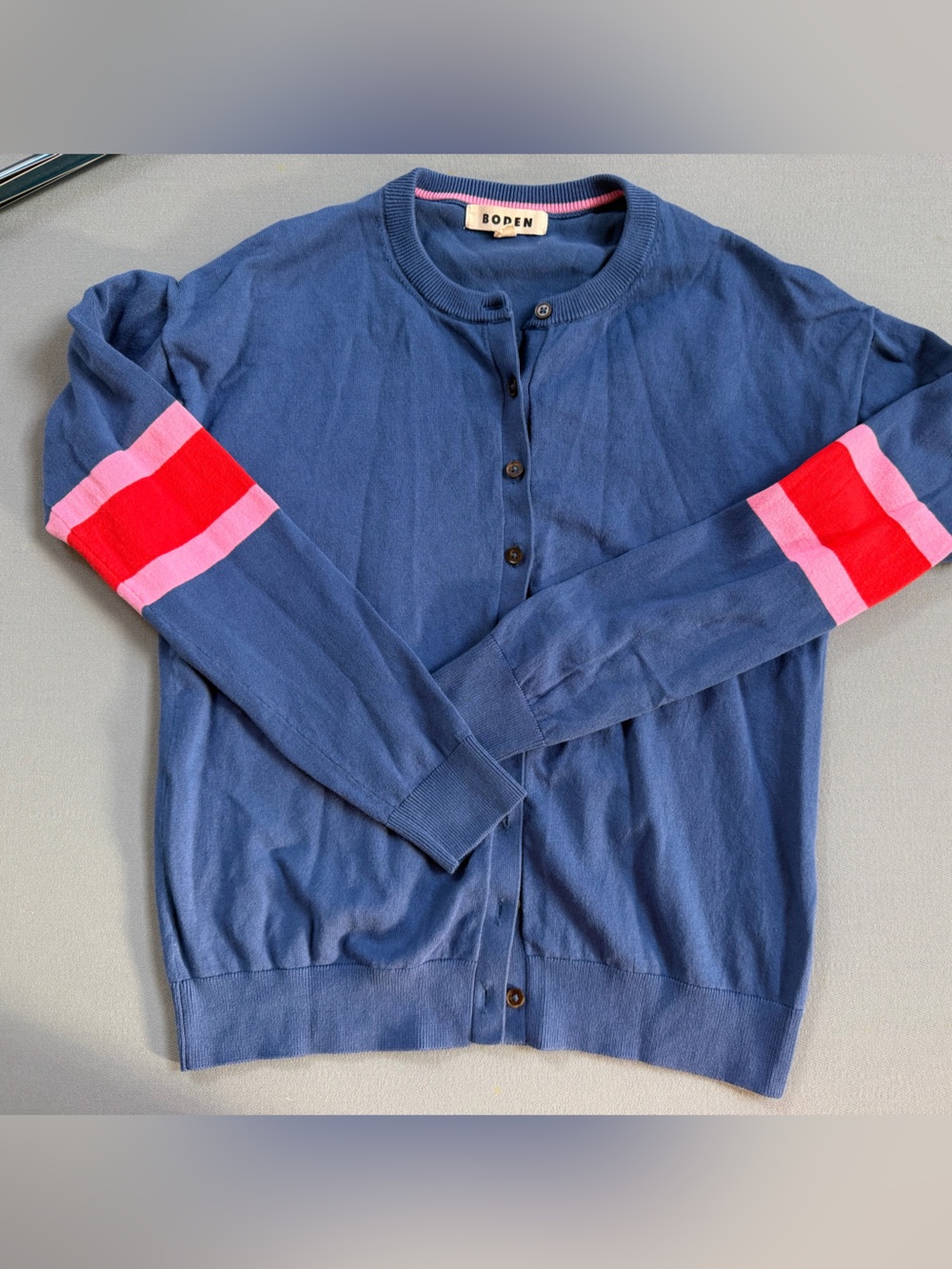 Boden Navy Cardigan with Pink and Red Sleeve Stripes size XS fits s-m